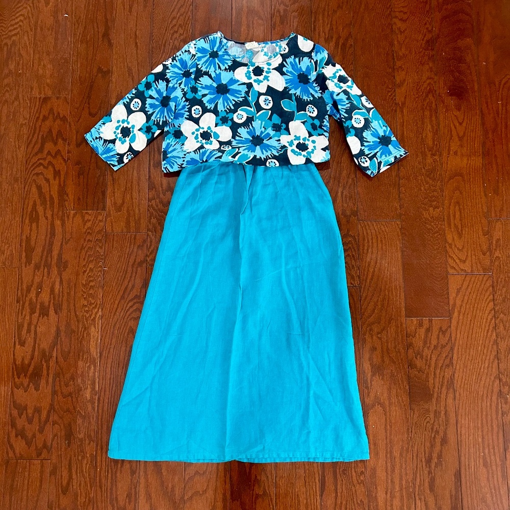 Vintage Linen Skirt and Blouse Set Blue Teal Hawaiian Floral Top Midi Skirt